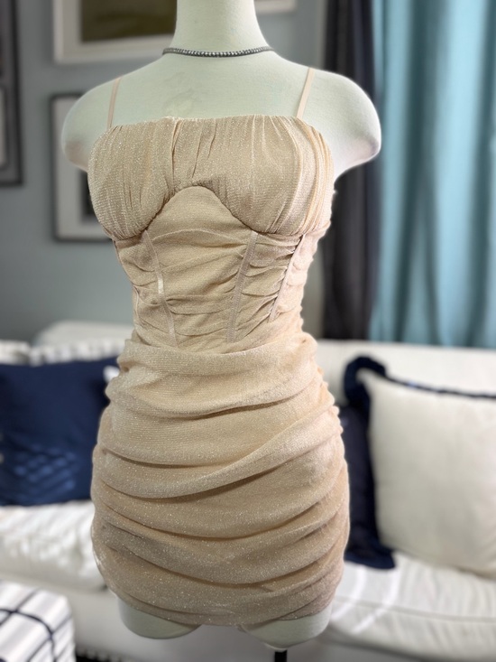 privy Dresses & Skirts - Champagne Shimmer Ruched Slip Dress in Nude
